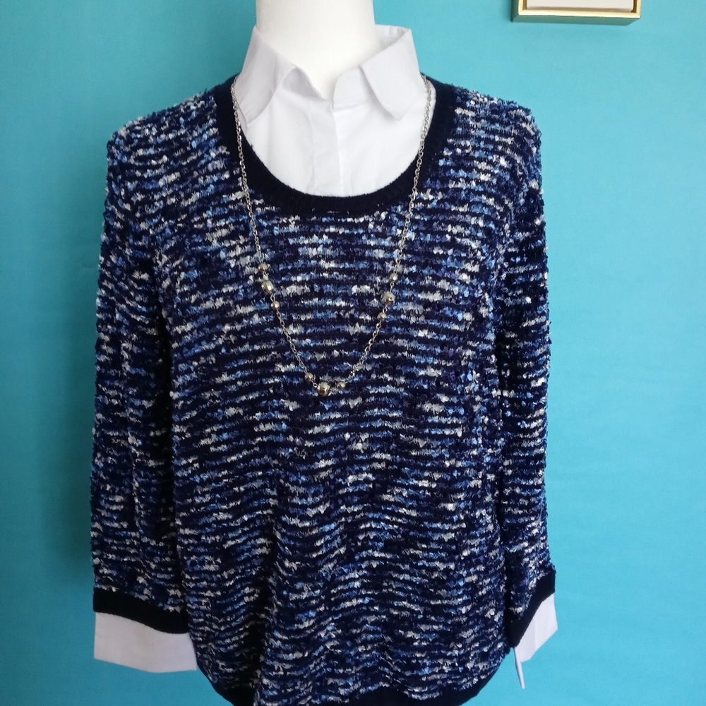 Blouse Sweater ALFRED DUNNER   blue and white  Size PM Collared New New Out Tags